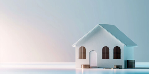 Modern Minimalist House Model with Coin Stacks Representing Investment, Savings, and Real Estate Growth
