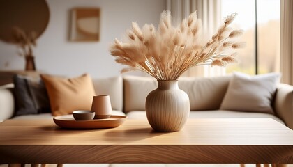 Minimalist Home Decor with Dried Flowers in a Vase and Wooden Coffee Table