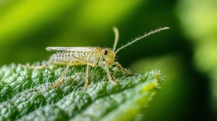 Close-up macro image of a small insect on a green leaf with a blurred background, showcasing intricate details and vibrant colors.