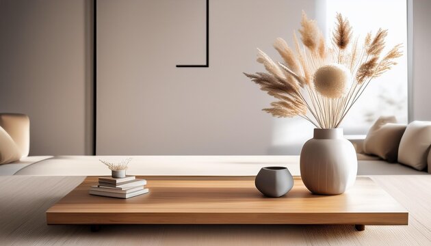 Minimalist Home Decor with Dried Flowers in a Vase and Wooden Coffee Table