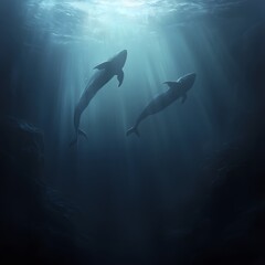 Serene and Haunting Deep Ocean Underwater Scene with Sparse Ghostly Marine Life