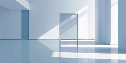 Fototapeta premium Minimalistic Sunlit Interior with Reflective Floor and Open Door in Modern Building