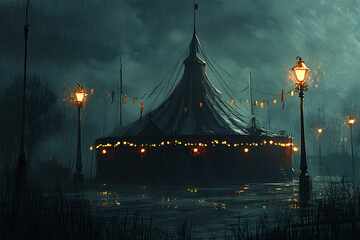 Big Circus red and yellow tent with magical illumination at night