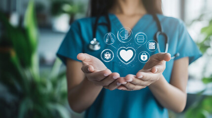 Female medicine doctor hold healthcare medical icons for the Health insurance concept in hospital background