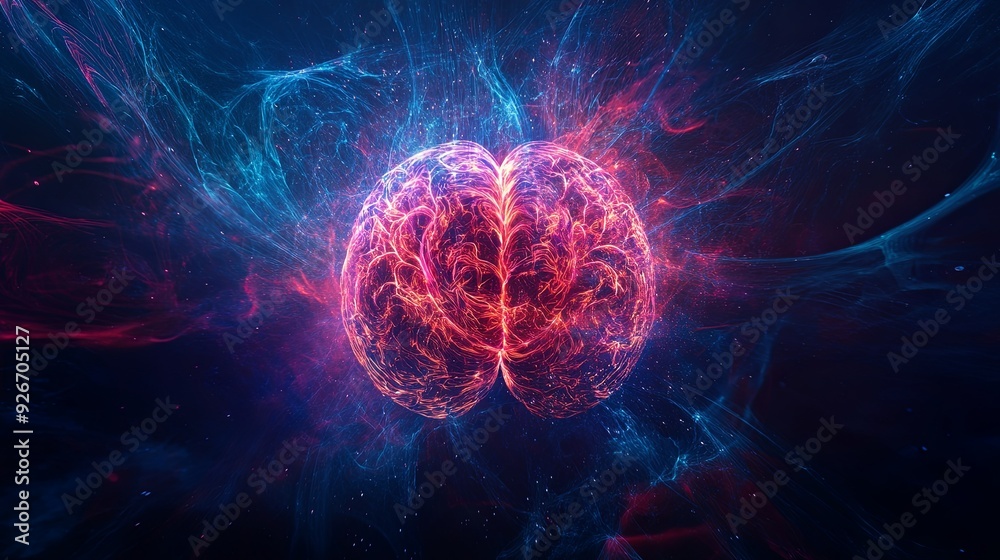 Wall mural a vibrant graphic of a human brain with intertwining sound waves emanating from it, representing the