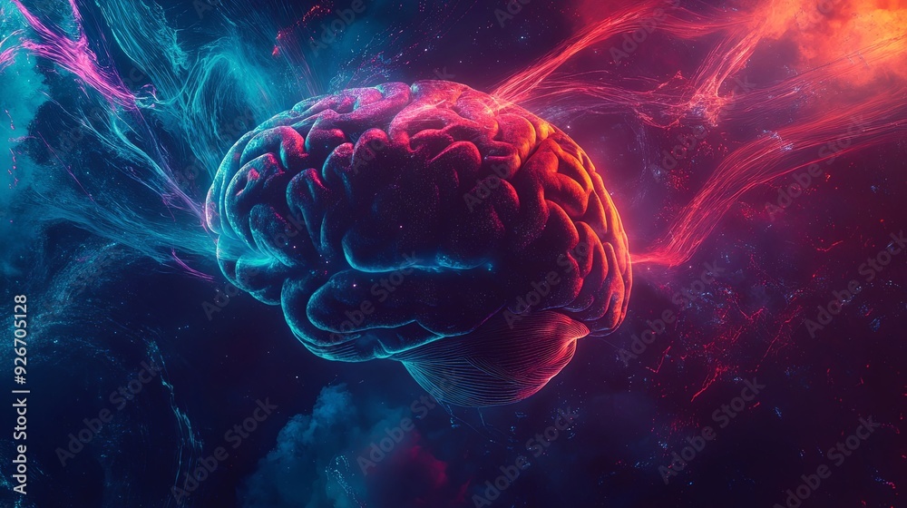 Canvas Prints a vibrant graphic of a human brain with intertwining sound waves emanating from it, representing the