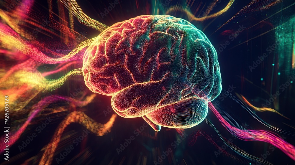 Canvas Prints a vibrant graphic of a human brain with intertwining sound waves emanating from it, representing the