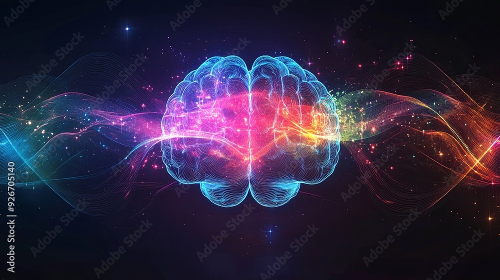Wall mural a vibrant graphic of a human brain with intertwining sound waves emanating from it, representing the