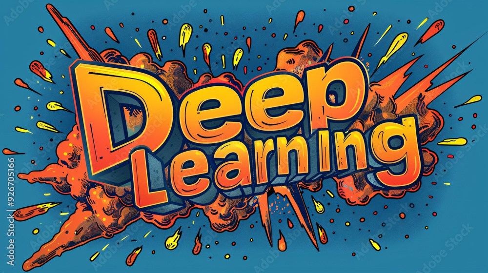 Aufkleber comic book style text with explosions, showcasing the power and potential of cutting-edge deep learn