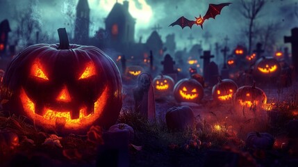 Obraz premium Chilling Halloween Scene with Glowing Pumpkins and Bats