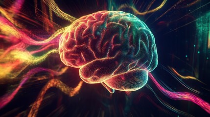 A vibrant graphic of a human brain with intertwining sound waves emanating from it, representing the connection between cosmic power and meditation, deep shadows, and subtle lighting effects