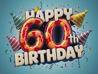 Happy 60th birthday with shiny golden balloons and confetti - Powered by Adobe