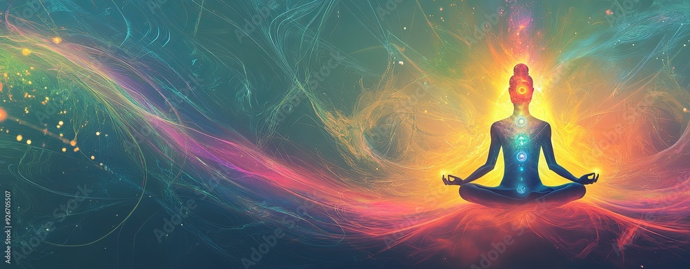 Wall mural a high-resolution graphic showing a pulsating aura around a meditation figure, with sound waves inte