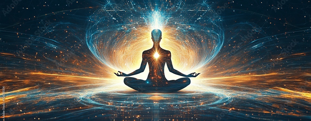 Wall mural a high-resolution graphic showing a pulsating aura around a meditation figure, with sound waves inte