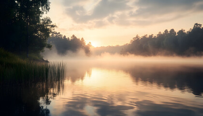 Obraz premium peaceful lake at sunrise with mist rising from the surface