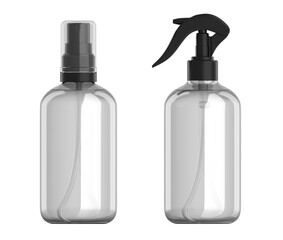 Spray bottles mockups with regular and heavy duty mist stream sprayers. 3d illustration set isolated on white