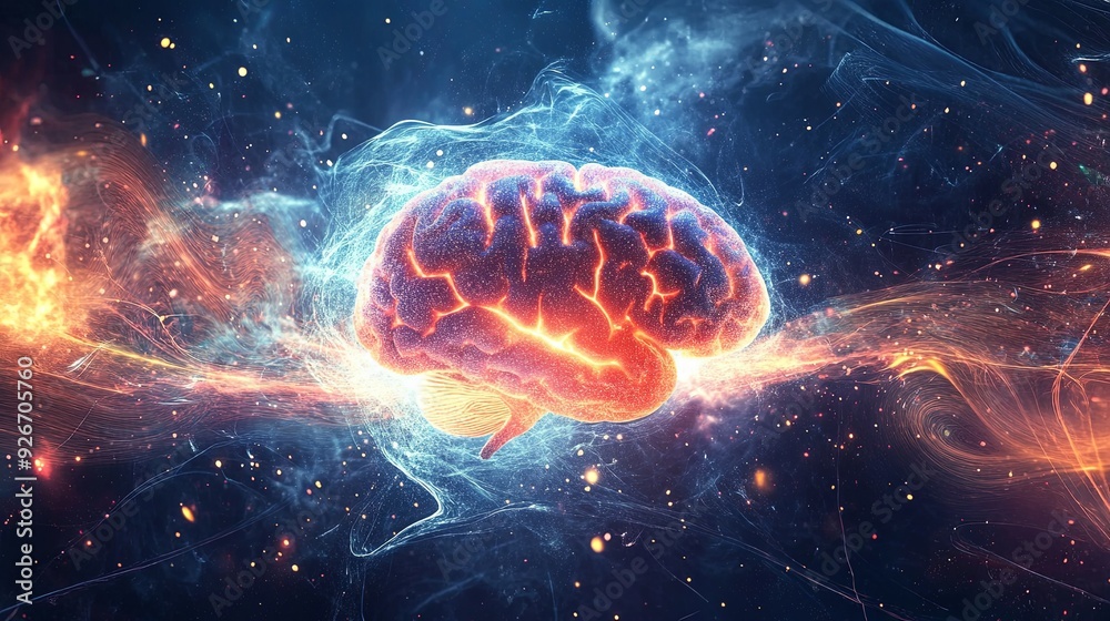 Canvas Prints a visually striking image of a brain with cosmic energy flowing through it, enhanced by sound waves,