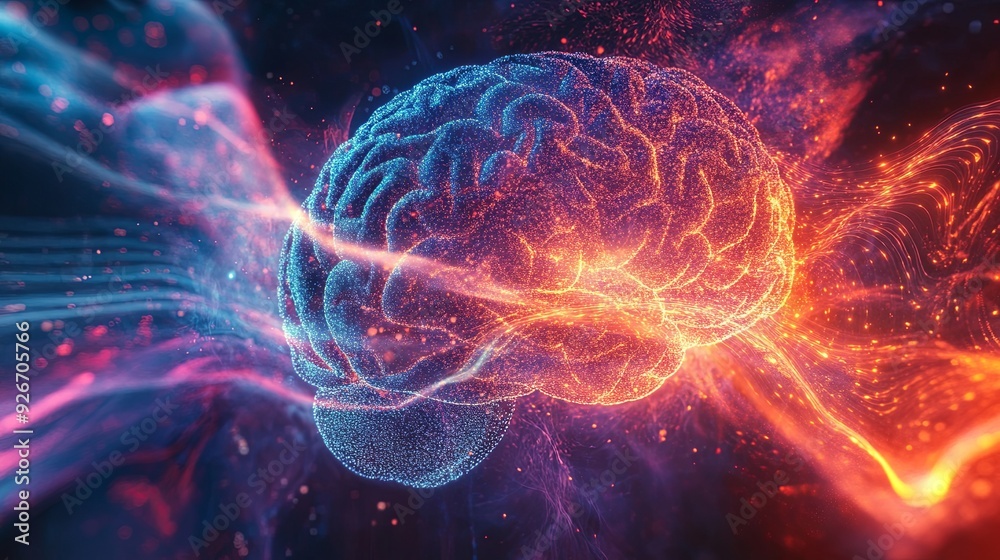 Canvas Prints a visually striking image of a brain with cosmic energy flowing through it, enhanced by sound waves,