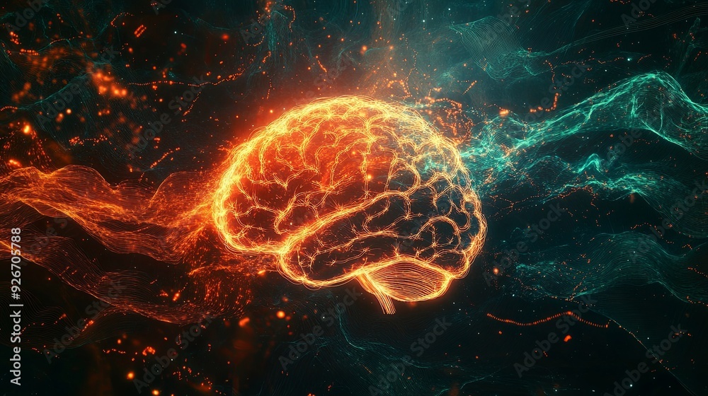 Canvas Prints a visually striking image of a brain with cosmic energy flowing through it, enhanced by sound waves,