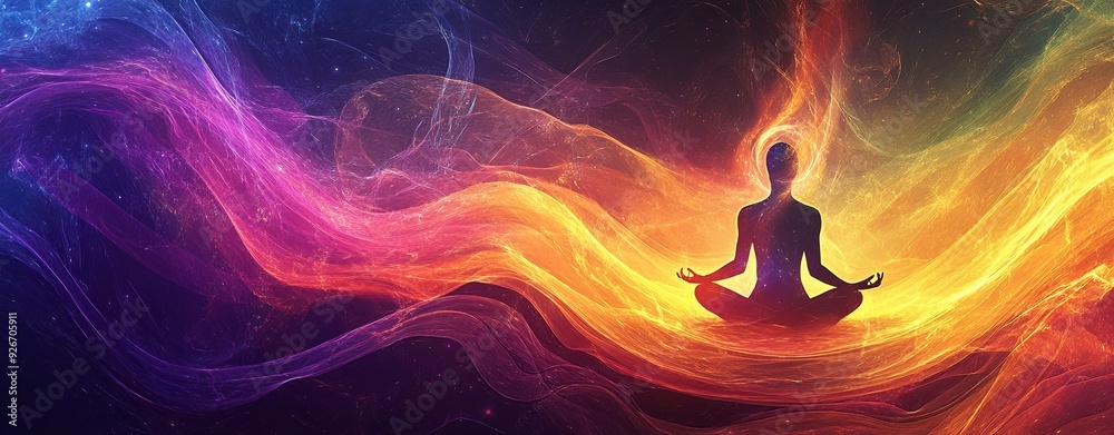 Wall mural an artistic rendering of sound waves cascading through a meditation figure, blending with cosmic ele