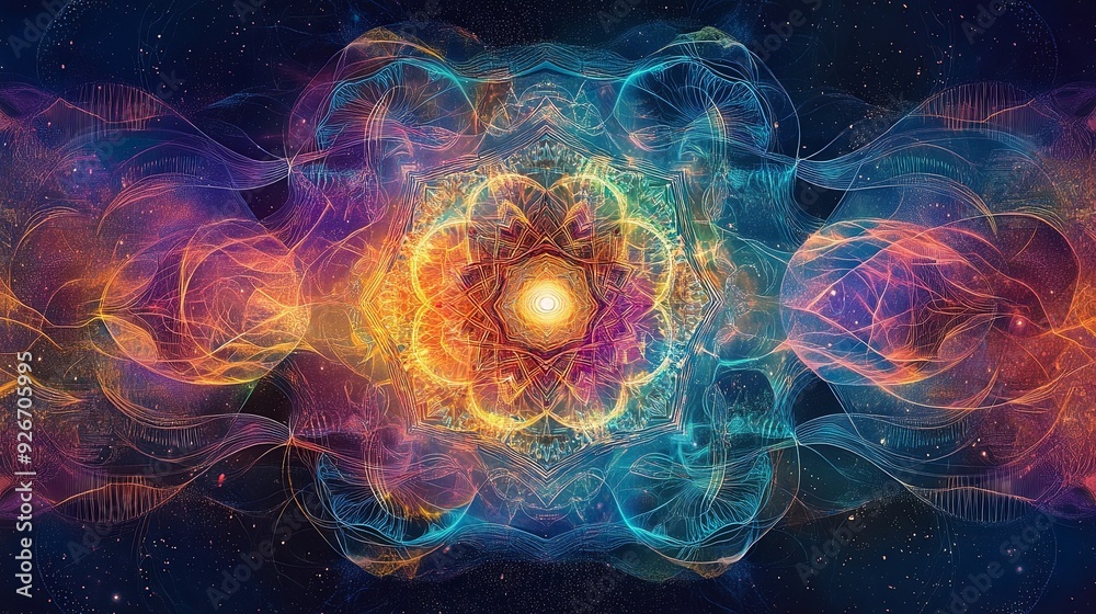 Wall mural a colorful depiction of a cosmic mandala surrounded by sound waves, representing the harmony of cosm