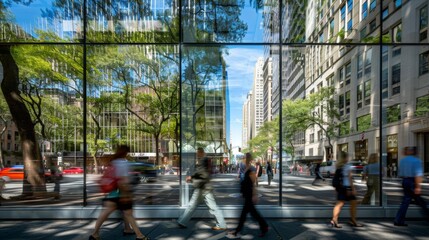 Busy urban street scene with diverse pedestrians walking past modern buildings, reflections of trees and sky visible in glass facades, showcasing city life and movement.
