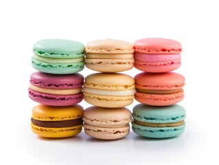 Obraz premium Colorful macarons stacked for a delightful treat. Perfect for desserts, parties, and baking inspiration.