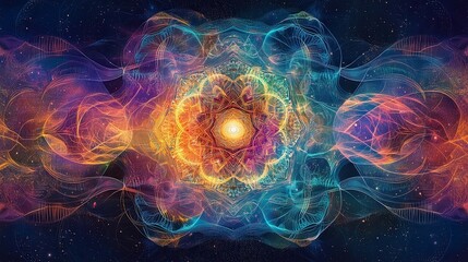 A colorful depiction of a cosmic mandala surrounded by sound waves, representing the harmony of cosmic power and meditation, with intricate details and soft shadows