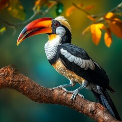  AI generator image of Hornbill,Oriental Pied Hornbill Black body, white lower chest and belly.