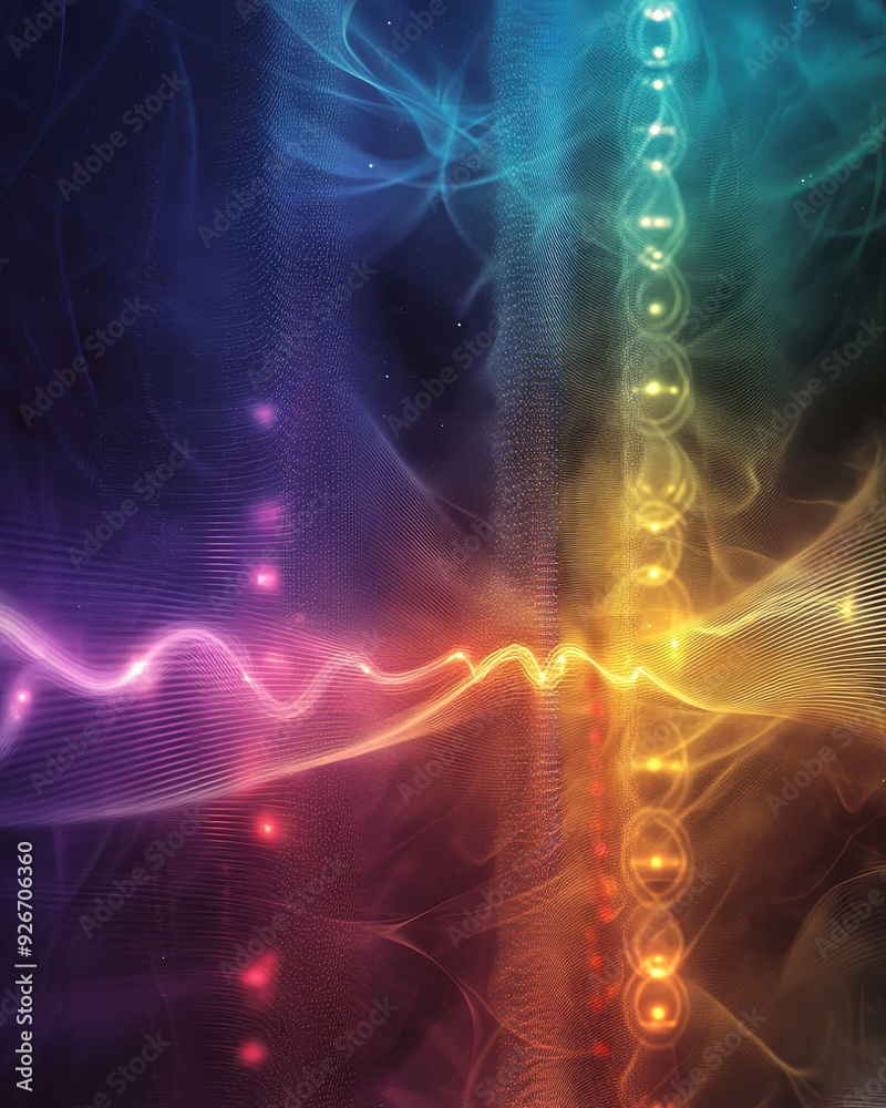 Wall mural a serene image of a chakra system with each point illuminated by soft, colorful sound waves, highlig