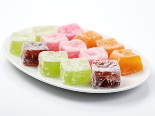 A vibrant assortment of colorful jelly cubes served on a white plate, showcasing a delightful selection for any dessert lover.