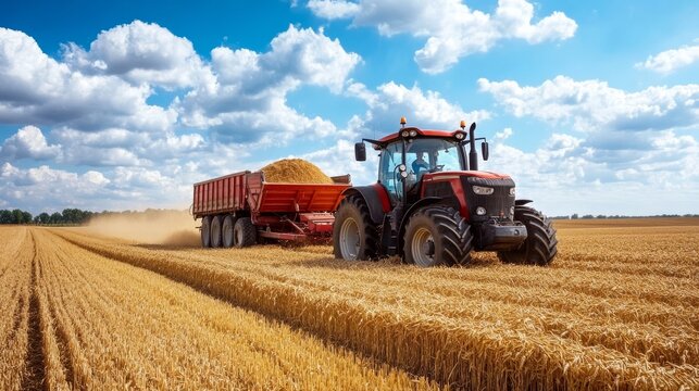 Tractor harvests wheat