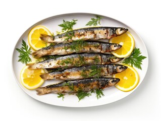Delicious grilled fish garnished with fresh herbs and lemon slices, perfect for a healthy meal or culinary presentation.