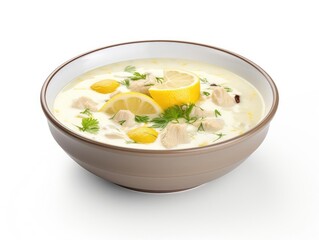 A delicious bowl of creamy chicken soup garnished with lemon slices and fresh herbs, perfect for comfort food lovers.