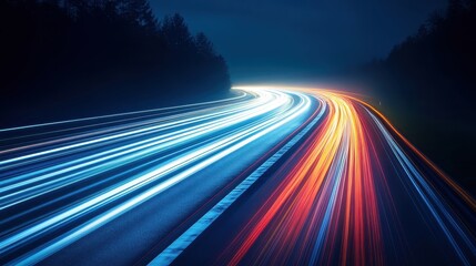 Long exposure photo of highway with vibrant light trails creating a dynamic and colorful effect, captured during the night.