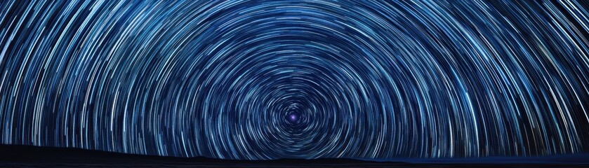Long exposure shot of mesmerizing star trails forming circular patterns in the night sky over a calm horizon.