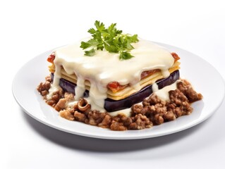 Delicious layered lasagna with eggplant, ground meat, and creamy cheese sauce garnished with fresh herbs on a white plate.