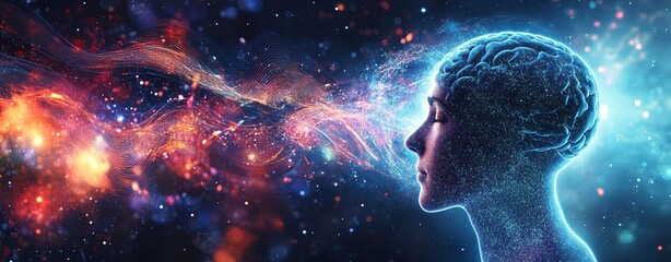 An abstract design of sound waves connecting the brain to a cosmic environment, symbolizing the influence of subconscious treatment music