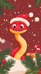 Fototapeta premium Cheerful Christmas Cute Snakes in Santa Hats and Holiday Decor, Bringing Festive Smiles and Joy. AI generated image