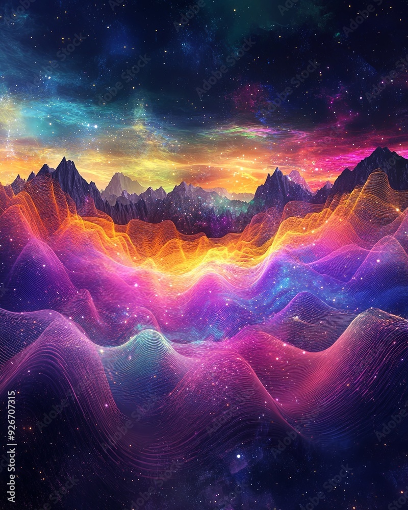 Canvas Prints a vibrant image of a cosmic landscape with sound waves flowing through it, highlighting the connecti