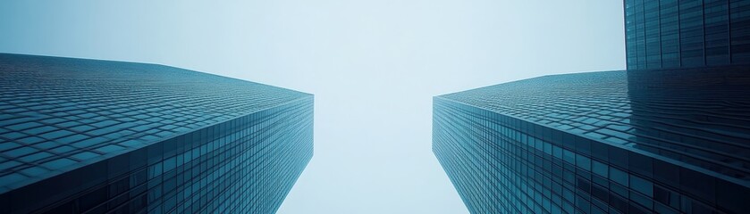 Modern skyscrapers with glass facades rise into the foggy sky, creating a symmetrical and captivating urban landscape.