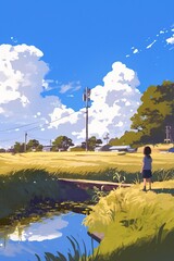 Fototapeta premium Beautiful traditional Japanese countryside landscape anime style illustration with a girl in the background