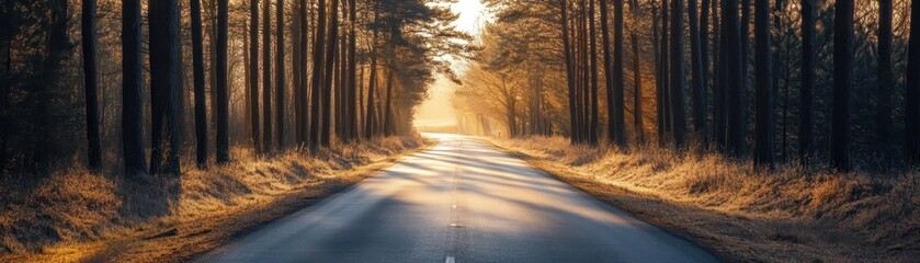 Scenic autumn road lined with tall trees, bathed in warm sunlight, creating a peaceful and picturesque nature landscape in the golden season.