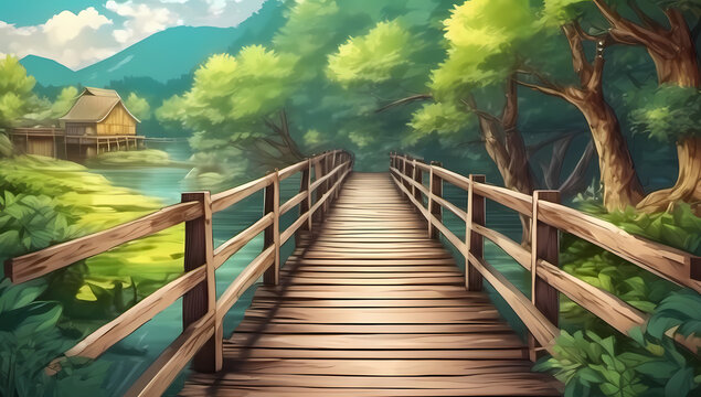 anime forest wooden bridge cartoon fantasy woods nature wood