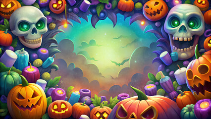 Spooky Halloween frame with skulls, pumpkins, and candy, eerie glowing atmosphere with copy space