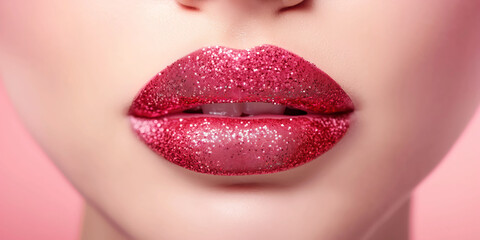 Fototapeta premium Close-Up of Sparkling Pink Glitter Lips - Glamorous Makeup Trend with Sensual Expression