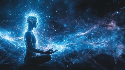 Fototapeta premium A futuristic portrayal of sound waves connecting a meditation figure to cosmic energy sources, enhancing the power of subconscious treatment music