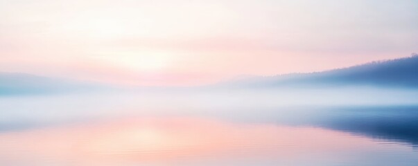 Fototapeta premium Serene and ethereal landscape of a calm lake at dawn, featuring soft pastel colors and a misty atmosphere, perfect for tranquil and peaceful themes.