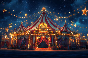 The circus illuminated and decorated with garlands of light bulbs, at night