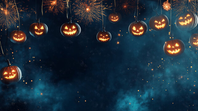 2024 Halloween party background banner. Pumpkins hanging isolated on dark blue sky and fireworks background. Copy paste area for text and brand.